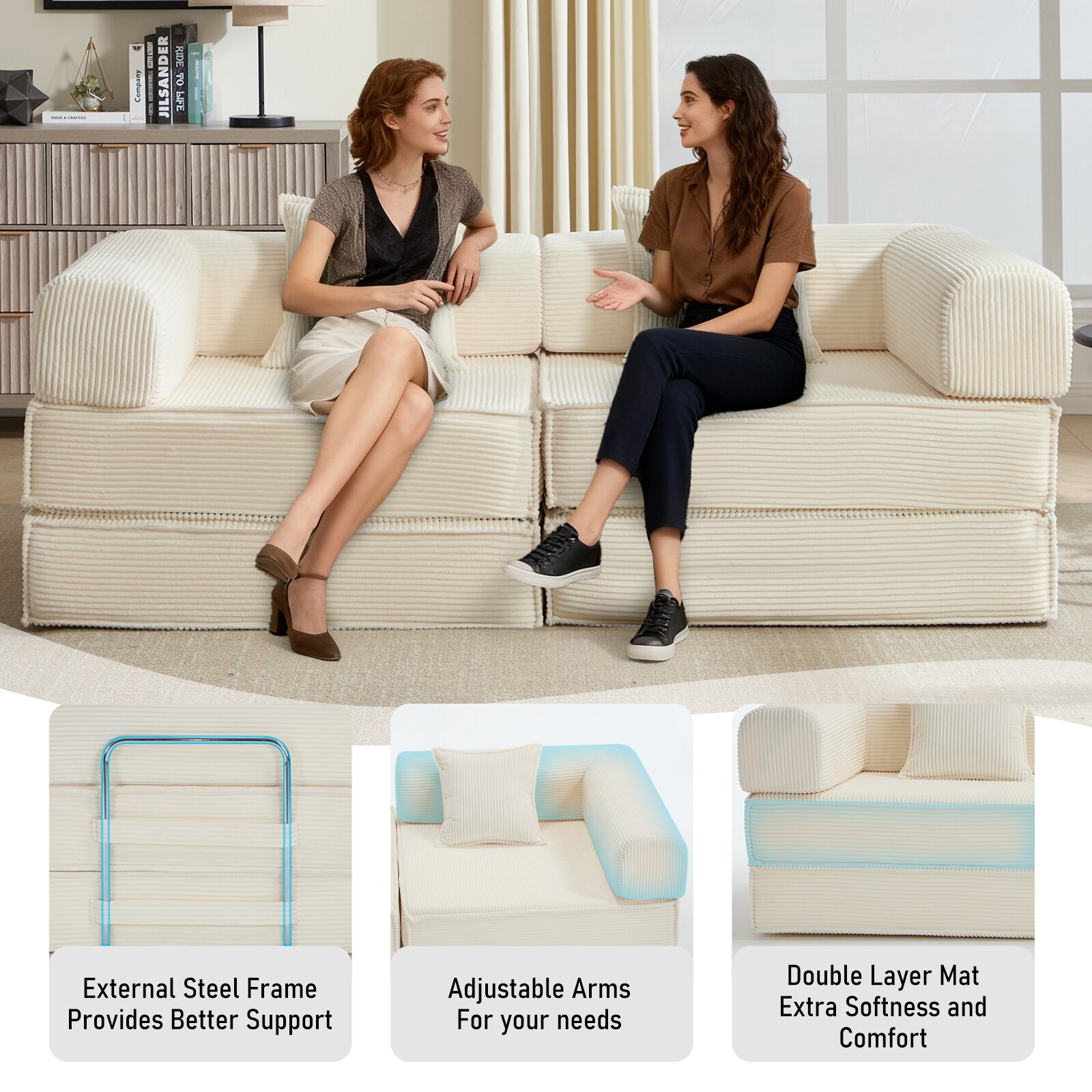 Convertible Sleeper Sofa Bed In Beige With Corduroy Fabric_voghion.com